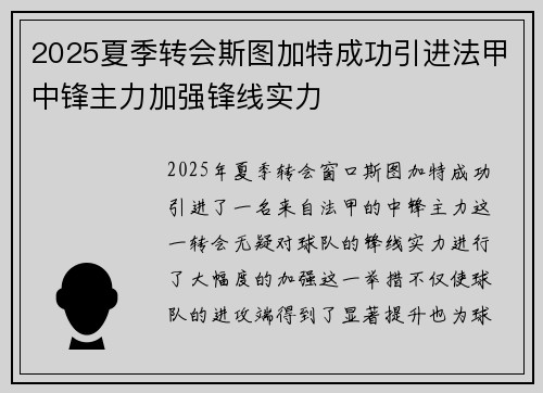 2025夏季转会斯图加特成功引进法甲中锋主力加强锋线实力