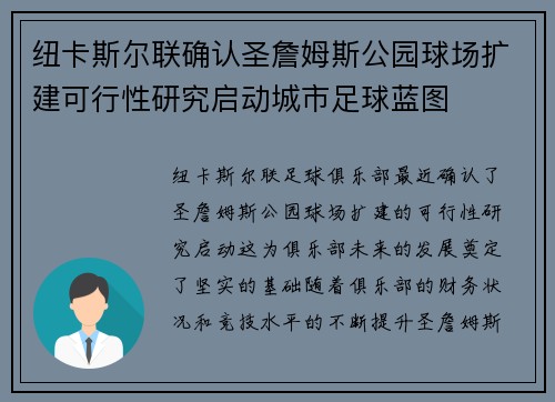 纽卡斯尔联确认圣詹姆斯公园球场扩建可行性研究启动城市足球蓝图